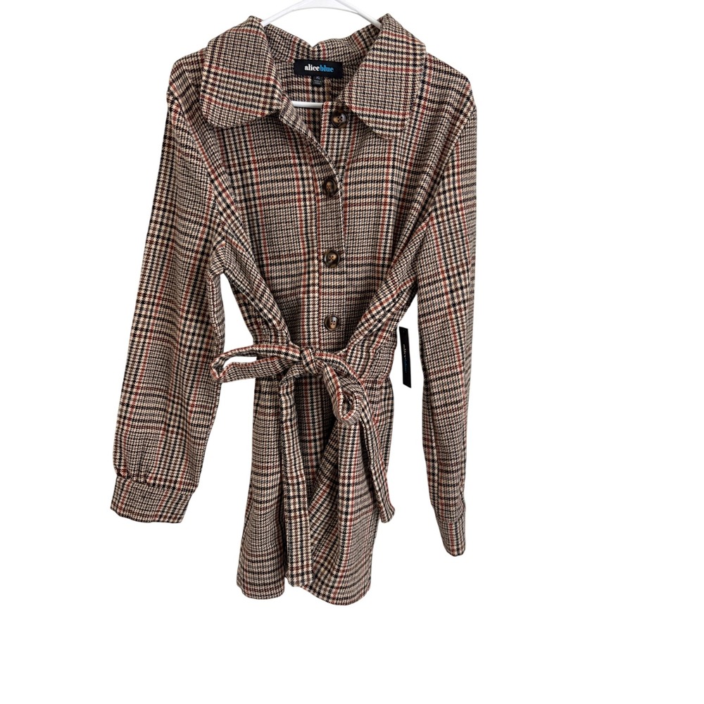 NWT Alice Blue Plaid Belted Shacket Womens XL Brown Glen Check Button Jacket